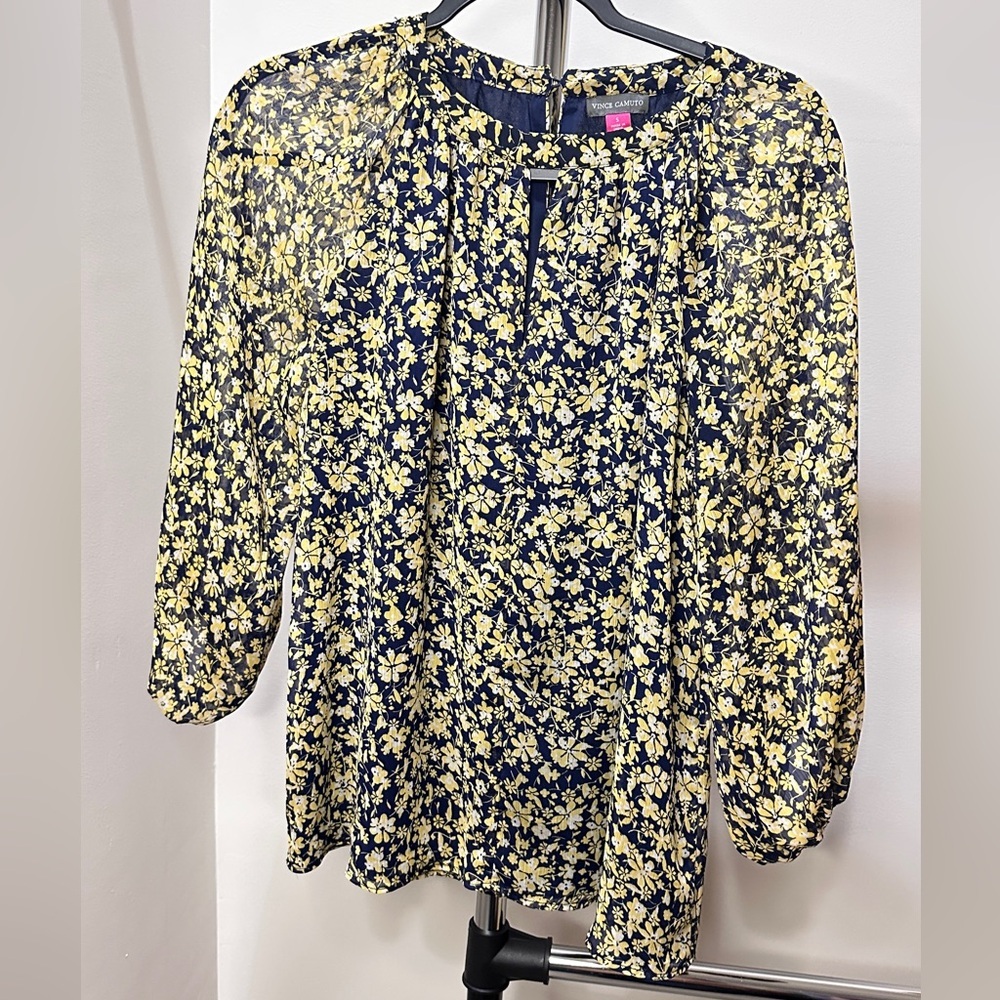 Vince Camuto Floral Blouse Blue and Yellow, Size Small